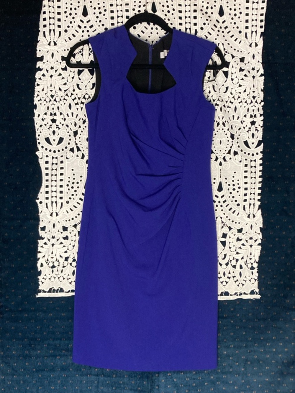 Sleeveless Cobalt Midi Sheath Dress with Side Ruching